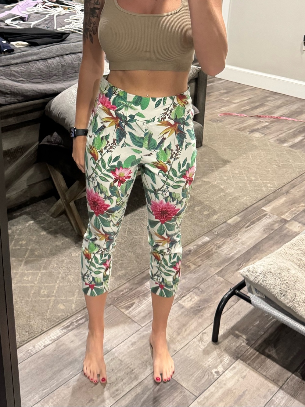 New York & Company Floral Cropped Slim Pants - Green, Pink, White
